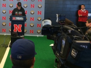 Mike Riley addresses the media after a 2015 Nebraska home game.
