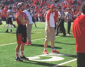 NU senior wide receiver Jordan Westerkamp watches warm-ups before Nebraska hosted Purdue on October 22, 2016. He missed the game with a back injury.
